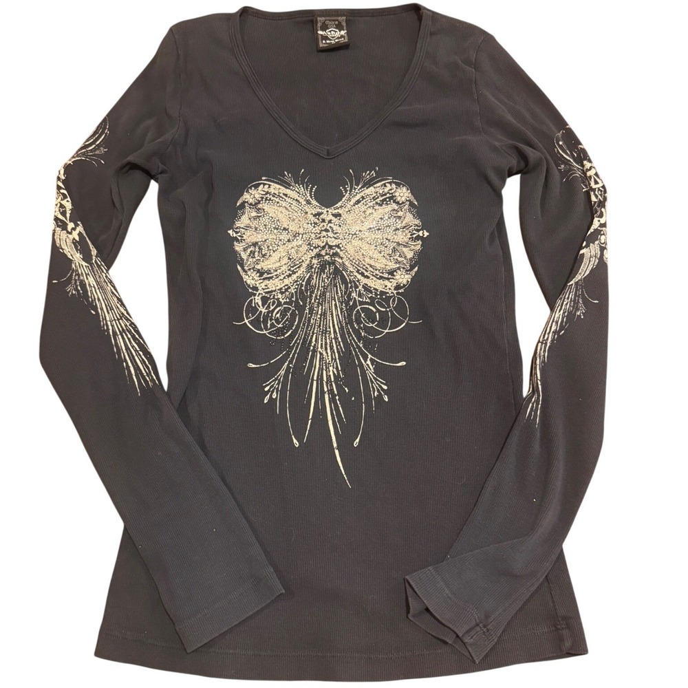 Y2K Sledge USA Ribbed Alt Whimsigoth Mall Long Sleeve Rhinestone Black Wmns Med